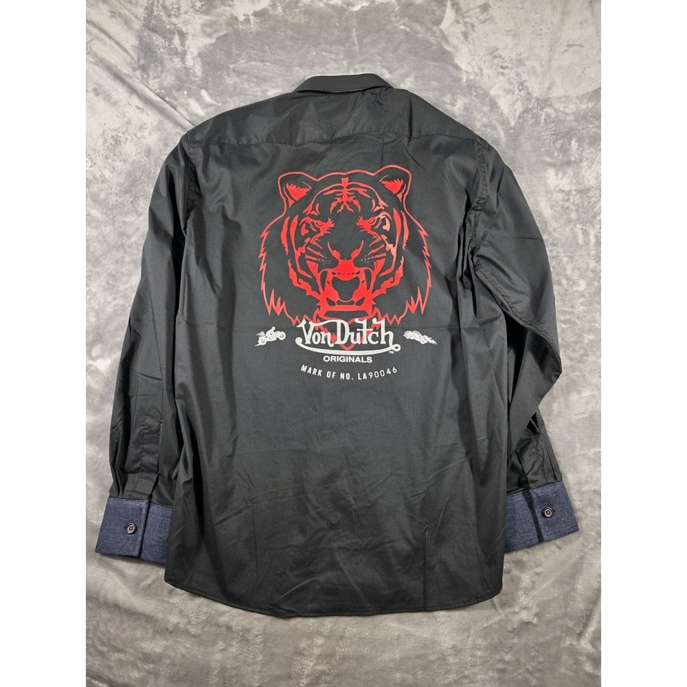 NWT Von Dutch Originals Men's Medium Black Button Up Long Sleeve Denim Cuffs